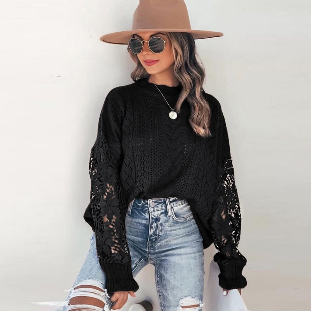 New Women's Boho Crochet Long Sleeve Pullover Light Sweater - Picture 1 of 8
